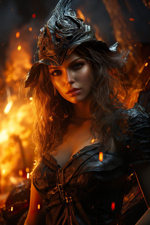 really sexy witch ,Halloween poster, Poster for Halloween night ,witching woman spooky black in flames, in the style of hyper realistic fantasy,  AI illustration, digital, virtual, generativeの素材