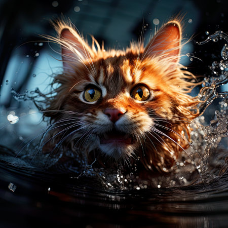 Dive into laughter with a humorous caricature of a cat swimming underwater, brought to life through generative AI.の素材