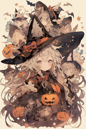 the halloween in an anime girl wearing a witch headpiece and pumpkins, in the style of charming illustrations, cute witch with pumpkins, in the style of kawaii  ,AI illustration, digital, virtual, generativeの素材