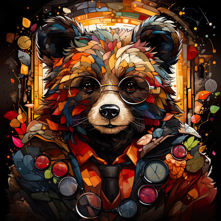 illustration is made of the cartoon bear wearing glasses, in the style of highly detailed foliage, intense color fields, highly realistic, colorful costumes, neonpunk, joyful celebration of nature , AI illustration, digital, virtual, generativeの素材