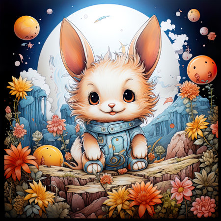 a cute Bunny  in the style of 2d game art, highly detailed illustrations, charming anime characters, multicolored landscapes, colorful compositions,AI illustration, digital, virtual, generativeの素材