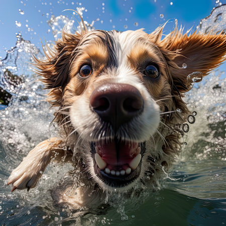 Dive into laughter with a humorous caricature of a dog swimming underwater, brought to life through generative AIの素材