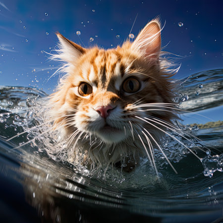 Dive into laughter with a humorous caricature of a cat swimming underwater, brought to life through generative AI.の素材