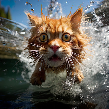 Dive into laughter with a humorous caricature of a cat swimming underwater, brought to life through generative AI.の素材