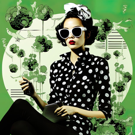 woman in sunglasses sitting on a green background, in the style of line and dot work, black and white intimacy, graffiti-influenced, floral motifs, the snapshot aesthetic, sheet film, mismatched patterns, AI illustration, digital, virtual, generativeの素材