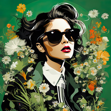 woman in sunglasses sitting on a green background, in the style of line and dot work, black and white intimacy, graffiti-influenced, floral motifs, the snapshot aesthetic, sheet film, mismatched patterns, AI illustration, digital, virtual, generativeの素材