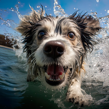 Dive into laughter with a humorous caricature of a dog swimming underwater, brought to life through generative AIの素材