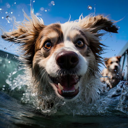 Dive into laughter with a humorous caricature of a dog swimming underwater, brought to life through generative AIの素材