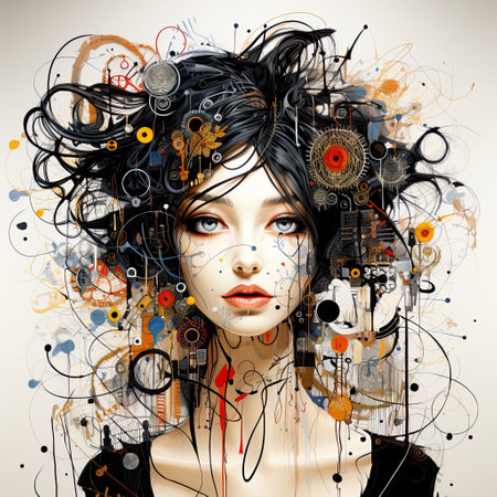 This beautiful woman is depicted in a colorful cartoon style portrait. The illusory wallpaper background creates a striking effect, and the pose is pensive and elegant. This image would be perfect for a variety of projects, including fashion, beauty, and advertising.の素材