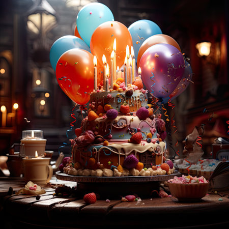 A joyful birthday celebration with a beautifully crafted cake. The description emphasizes the happiness of the occasion and the attractiveness of the cake  , AI illustration, digital, virtual, generativeの素材