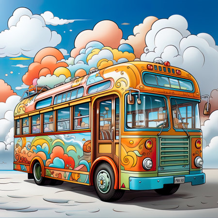 Intricate Pen Illustration of Bus Filled with Cartoon Characters in Clouds , Generative Aiの素材
