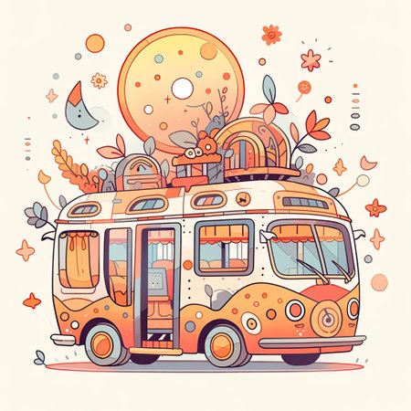 Intricate Pen Illustration of Bus Filled with Cartoon Characters in Clouds , Generative Aiの素材