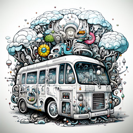 Intricate Pen Illustration of Bus Filled with Cartoon Characters in Clouds , Generative Aiの素材