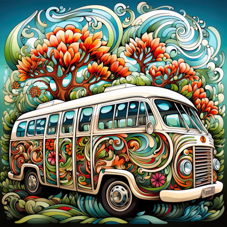 Intricate Pen Illustration of Bus Filled with Cartoon Characters in Clouds , Generative Aiの素材
