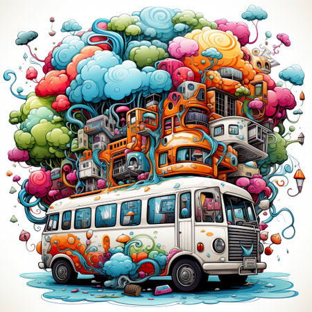 Intricate Pen Illustration of Bus Filled with Cartoon Characters in Clouds , Generative Aiの素材