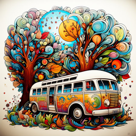 Intricate Pen Illustration of Bus Filled with Cartoon Characters in Clouds , Generative Aiの素材