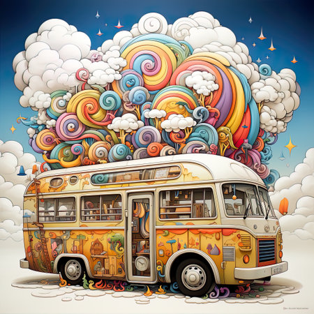 Intricate Pen Illustration of Bus Filled with Cartoon Characters in Clouds , Generative Aiの素材