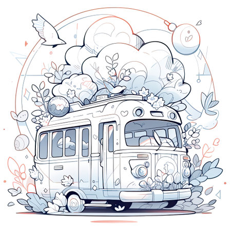 Intricate Pen Illustration of Bus Filled with Cartoon Characters in Clouds , Generative Aiの素材