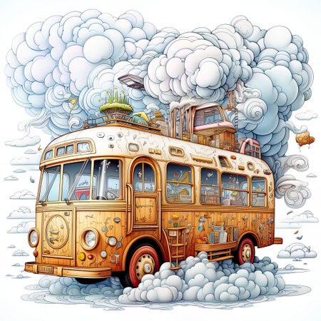 Intricate Pen Illustration of Bus Filled with Cartoon Characters in Clouds , Generative Aiの素材