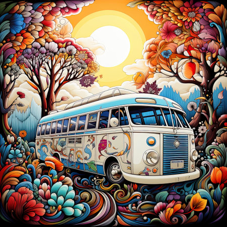 Intricate Pen Illustration of Bus Filled with Cartoon Characters in Clouds , Generative Aiの素材