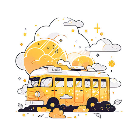 Intricate Pen Illustration of Bus Filled with Cartoon Characters in Clouds , Generative Aiの素材