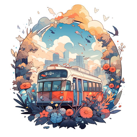 Intricate Pen Illustration of Bus Filled with Cartoon Characters in Clouds , Generative Aiの素材