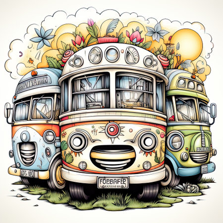 Intricate Pen Illustration of Bus Filled with Cartoon Characters in Clouds , Generative Aiの素材