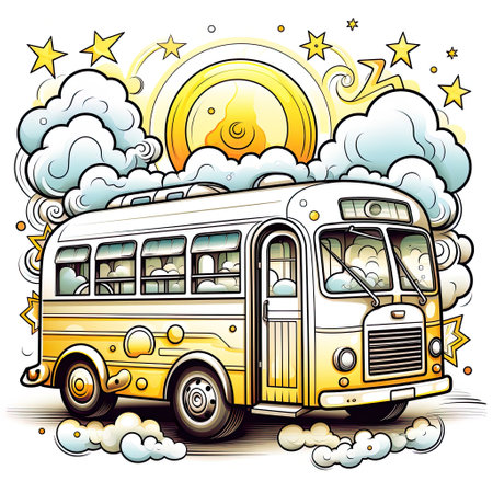 Intricate Pen Illustration of Bus Filled with Cartoon Characters in Clouds , Generative Aiの素材