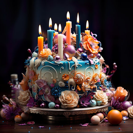 A joyful birthday celebration with a beautifully crafted cake. The description emphasizes the happiness of the occasion and the attractiveness of the cake  , AI illustration, digital, virtual, generativeの素材