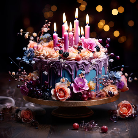 A joyful birthday celebration with a beautifully crafted cake. The description emphasizes the happiness of the occasion and the attractiveness of the cake  , AI illustration, digital, virtual, generativeの素材