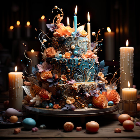 A joyful birthday celebration with a beautifully crafted cake. The description emphasizes the happiness of the occasion and the attractiveness of the cake  , AI illustration, digital, virtual, generativeの素材