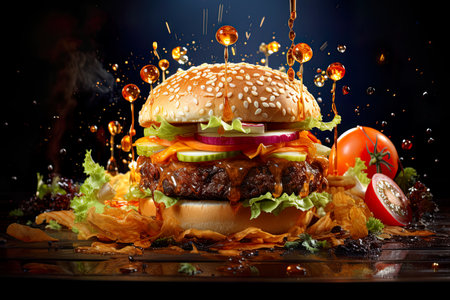 Hamburgers are taking off and bouncing up in the air. In the form of surreal, playful, exciting, commercial images, intensely textured collages, detailed still life , highly detailed , Generative Aiの素材