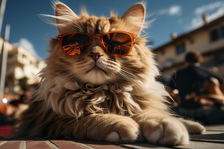 Close-up portrait of a beautiful maine coon cat wearing sunglassesの素材