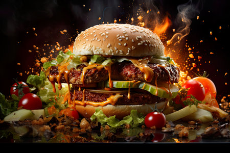 Hamburgers are taking off and bouncing up in the air. In the form of surreal, playful, exciting, commercial images, intensely textured collages, detailed still life , highly detailed , Generative Aiの素材