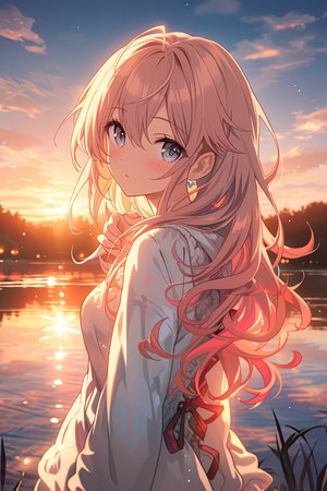 A girl with a white top and pink hair stands in front of a lake anime  ,AI illustration, digital, virtual, generativeの素材