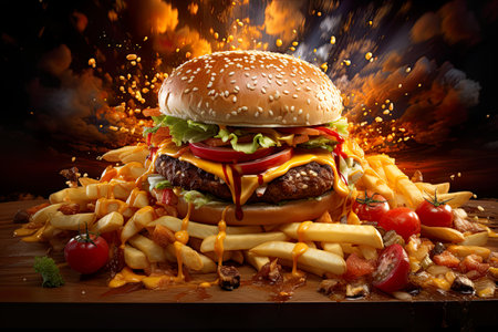 Hamburgers are taking off and bouncing up in the air. In the form of surreal, playful, exciting, commercial images, intensely textured collages, detailed still life , highly detailed , Generative Aiの素材
