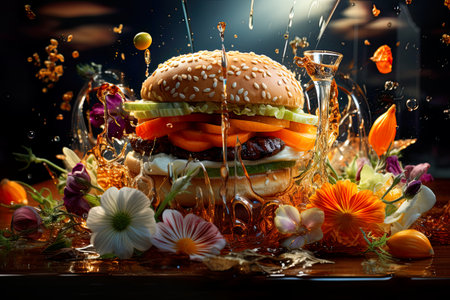 Hamburgers are taking off and bouncing up in the air. In the form of surreal, playful, exciting, commercial images, intensely textured collages, detailed still life , highly detailed , Generative Aiの素材