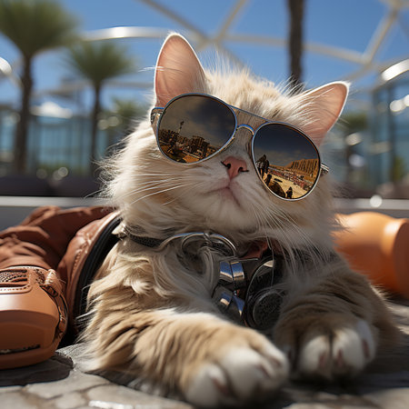 a cat with fashion sunglasses is lying On the roof, wide angle view, full-body ,AI illustration, digital, virtual, generativeの素材