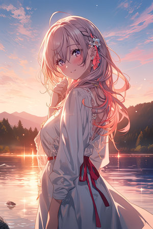 A girl with a white top and pink hair stands in front of a lake anime  ,AI illustration, digital, virtual, generativeの素材