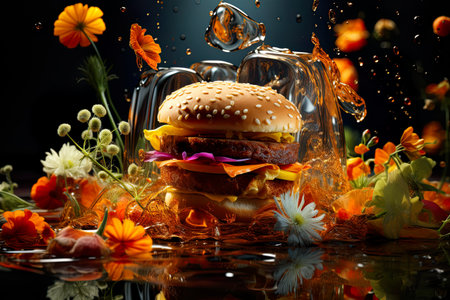 Hamburgers are taking off and bouncing up in the air. In the form of surreal, playful, exciting, commercial images, intensely textured collages, detailed still life , highly detailed , Generative Aiの素材