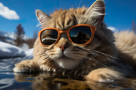 Cute cat wearing orange sunglasses lying on frozen lake and looking at cameraの素材