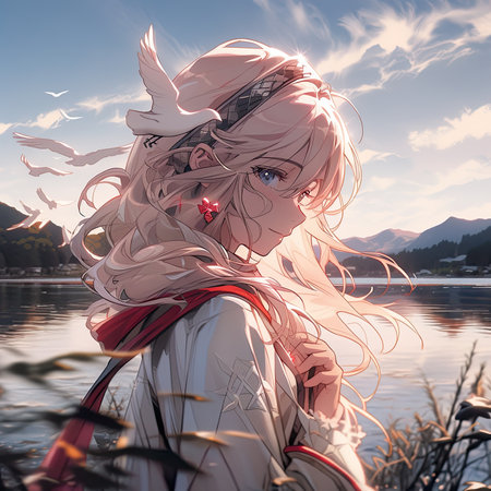 A girl with a white top and pink hair stands in front of a lake anime  ,AI illustration, digital, virtual, generativeの素材