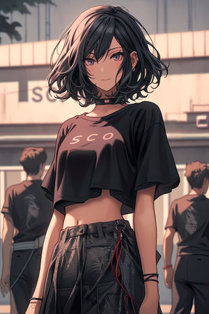 3D rendering of a beautiful young girl with long black hair walking in the cityの素材