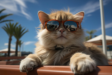 a cat with fashion sunglasses is lying On the roof, wide angle view, full-body ,AI illustration, digital, virtual, generativeの素材