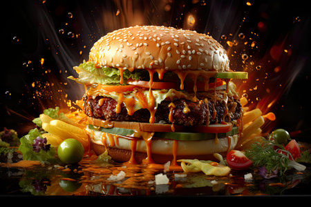 Hamburgers are taking off and bouncing up in the air. In the form of surreal, playful, exciting, commercial images, intensely textured collages, detailed still life , highly detailed , Generative Aiの素材