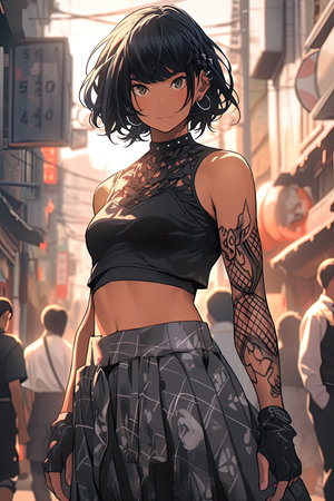 beautiful cute anime young woman, black bob cut hair, black cropped t-shirt, anime illustration clean art style AI, illustration, digital, virtual, generativeの素材