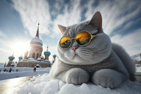 Cat in sunglasses on the background of the Moscow Kremlin, Russia.の素材