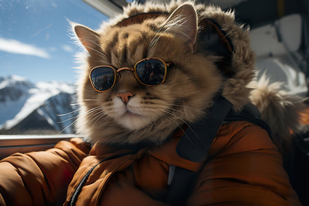 a cat with fashion sunglasses is lying On the roof, wide angle view, full-body ,AI illustration, digital, virtual, generativeの素材