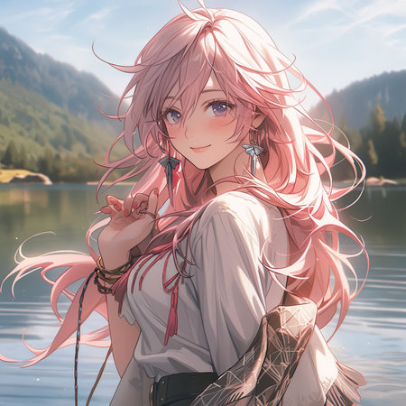 Beautiful girl with pink hair in the mountains.3d illustration.の素材