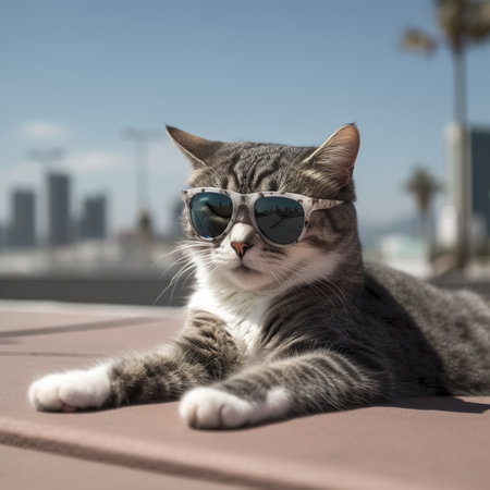 Cute tabby cat wearing sunglasses on the city background. Selective focus.の素材